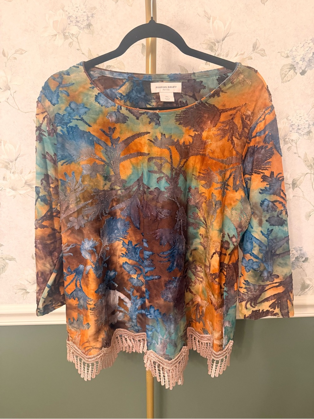 Allison Daley Multicolor Velvet Burnout Tunic with Lace Fringe